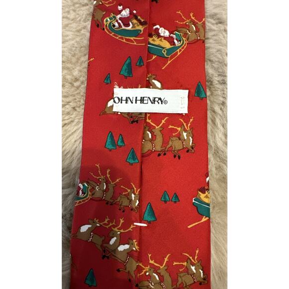 John Henry Men’s Silk Christmas Tie Red Santa Sleigh Reindeer Trees Holiday - Picture 3 of 5